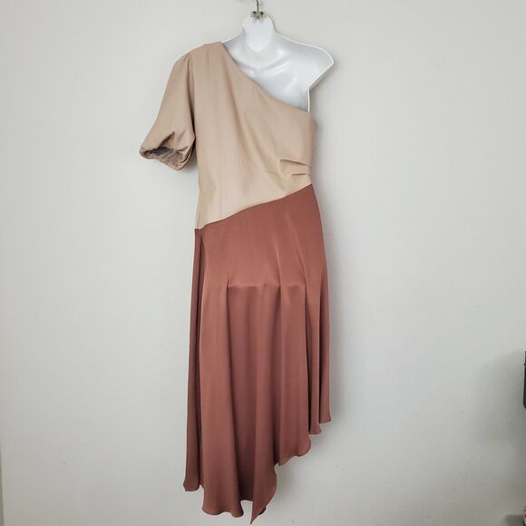 Anthropologie Women's Dress 14 Pink Asymmetrical One Shoulder Faux Leather - Picture 9 of 13